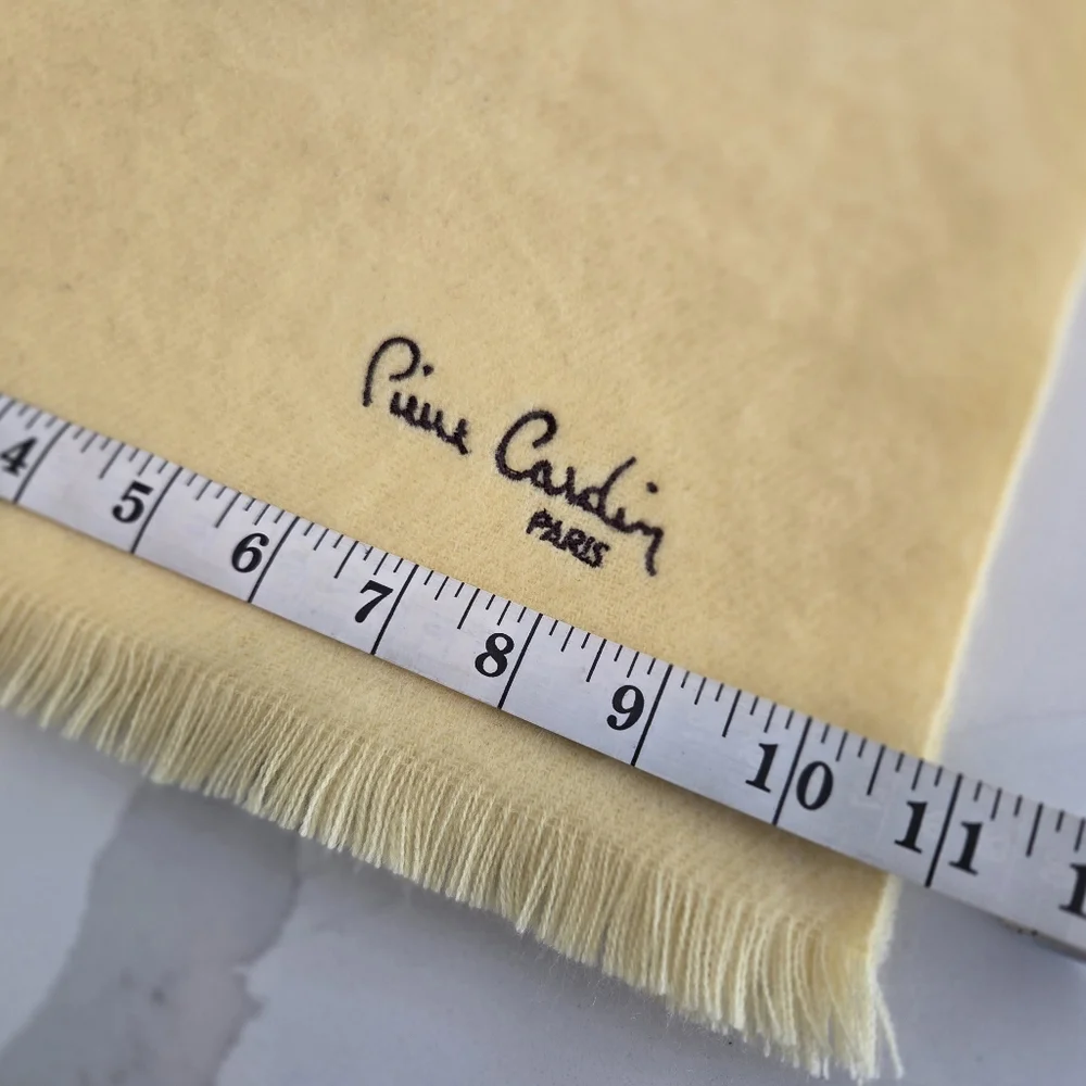 Vintage Pierre Cardin Paris Yellow Fringed Scarf Embroidered Logo Soft Knit